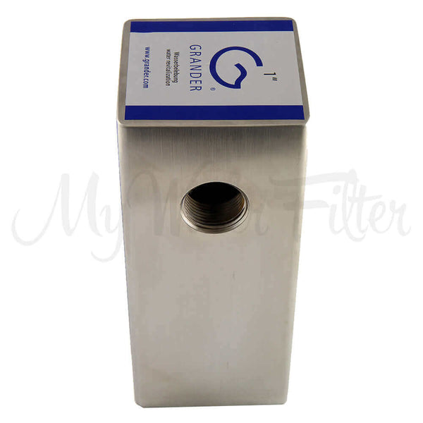 Rectangular metallic Grander water filter with a threaded opening and Grander Whole House System blue branding on top.