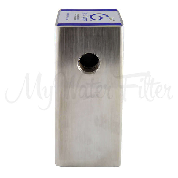 Grander Whole House System stainless steel filter housing features a circular inlet on side