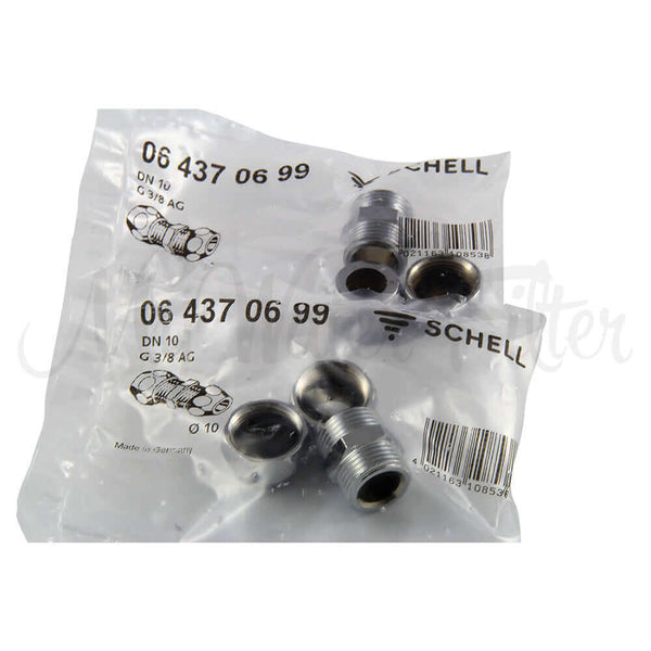 Plastic packaging with metal pipe connectors labeled 