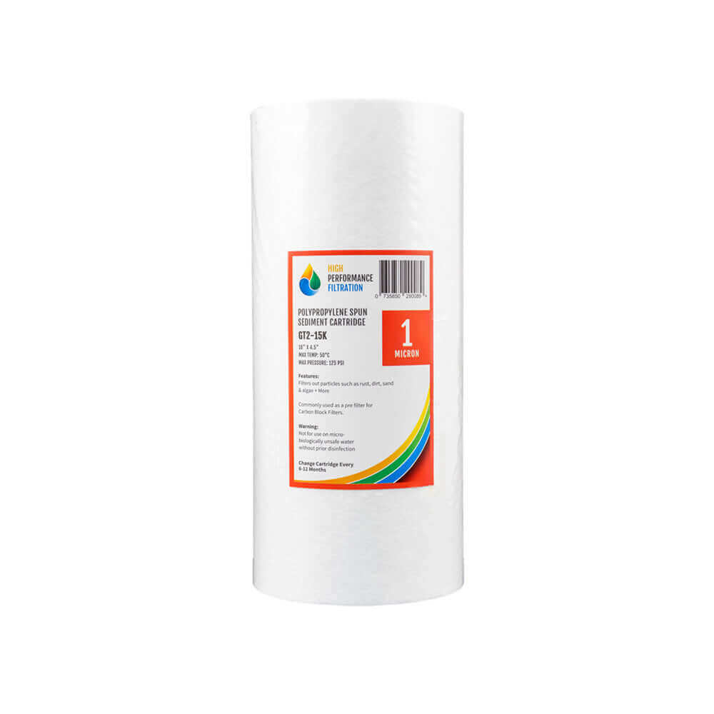 White cylindrical water filter cartridge with a red and yellow label displaying text and a droplet logo, featuring the High Performance Filtration by HPF 1 Micron Polyspun Sediment Whole House Water Filter Replacement Cartridge 10