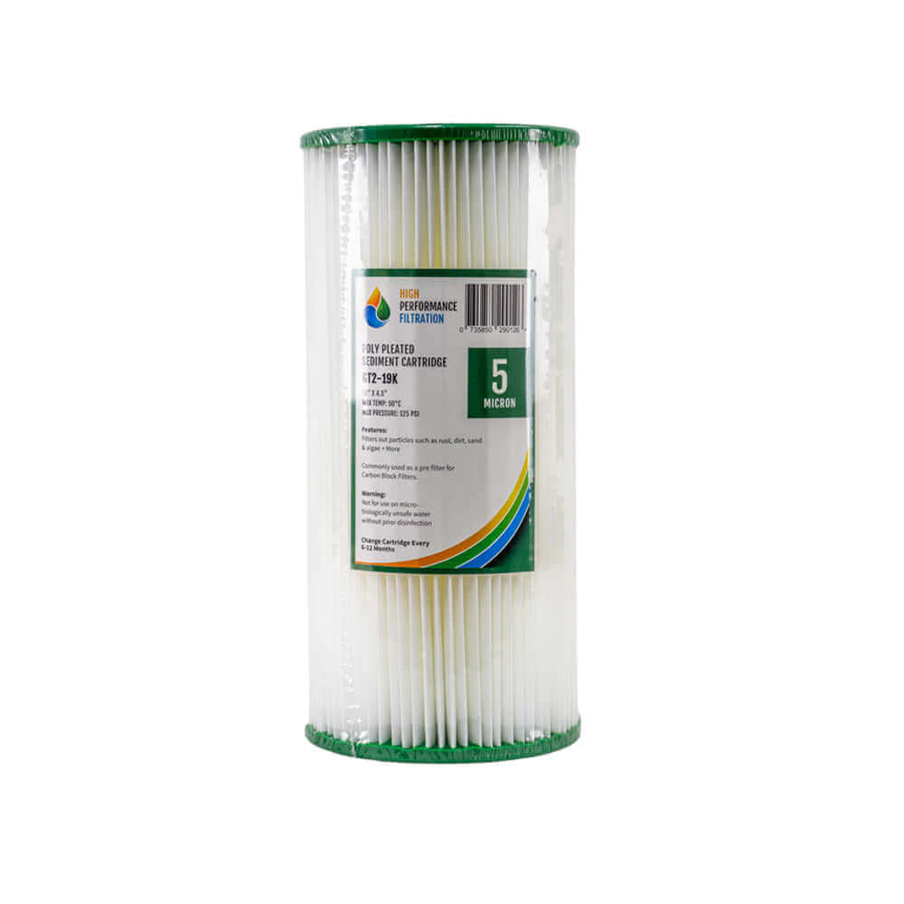 A pleated Big Blue Water Filter cartridge by My Water Filter, measuring 10" x 4.5" and labeled 5 micron with green borders, featuring a product label designed for effective chlorine and chemical removal.