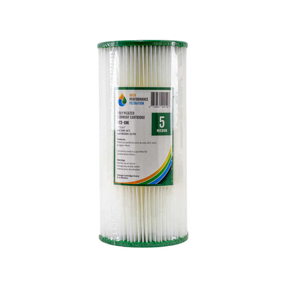 Cylinder-shaped High Performance Filtration cartridge with pleats, featuring green caps and a product label.