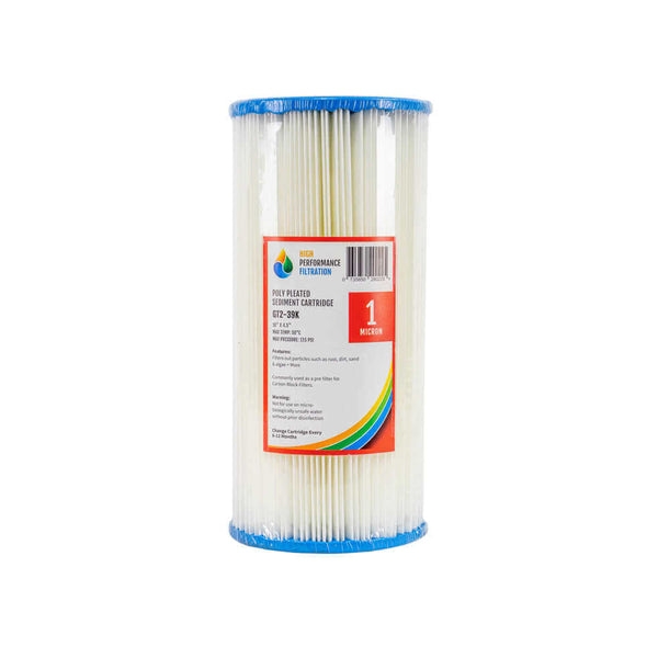 HPF's High Performance Filtration features a white pleated sediment water filter cartridge, complete with blue ends and a label confirming 1-micron filtration in 10