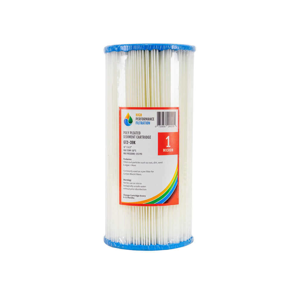 High Performance Filtration cartridge by HPF features white pleated sediment filtration with distinctive blue ends and central labeling, designed as a 1 Micron Whole House Water Filter Replacement Cartridge in the size of 10