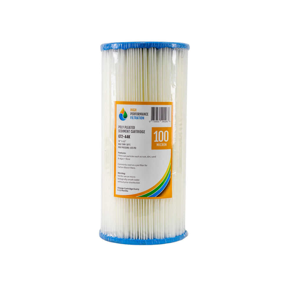 White cylindrical water filter cartridge with a blue trim and label displaying specifications, from the High Performance Filtration brand's HPF 100 Micron Pleated Sediment Whole House Water Filter Replacement Cartridge 10