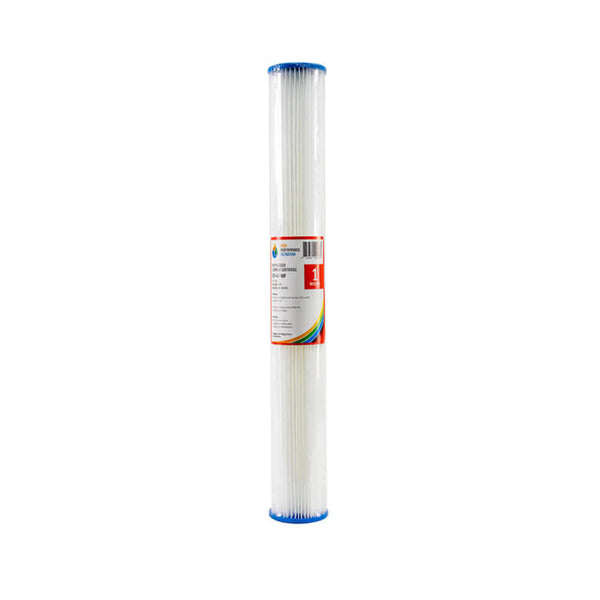 A white HPF Pleated Sediment Whole House Water Filter 20" x 2.5" cartridge, cylindrical with blue end caps.