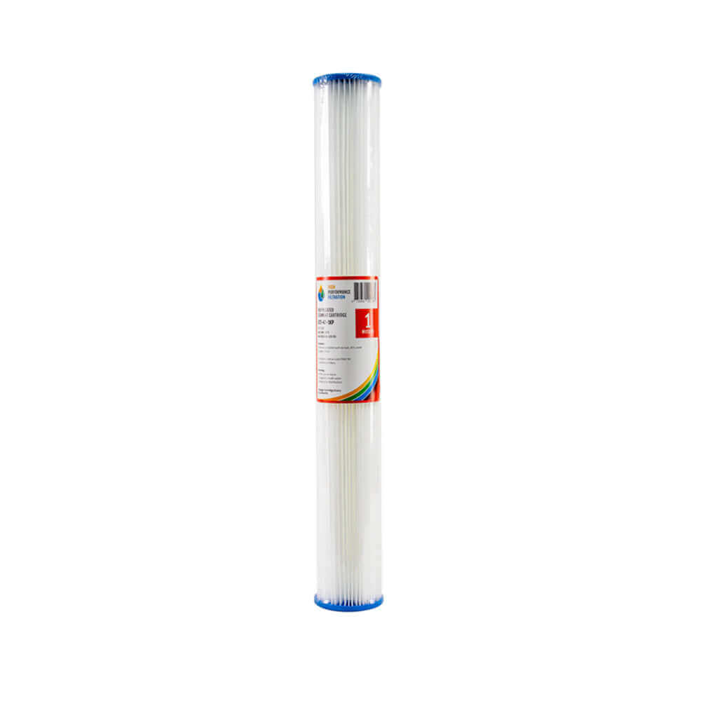 A High Performance Filtration cartridge, featuring a cylindrical design with white pleats and contrasting blue end caps, stands upright against a plain white background.