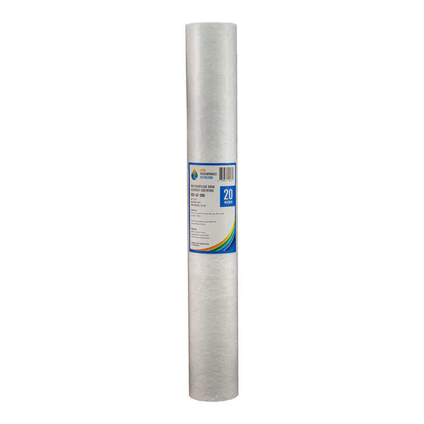 A white cylindrical HPF 20 Micron Polyspun Sediment Whole House Water Filter Replacement Cartridge