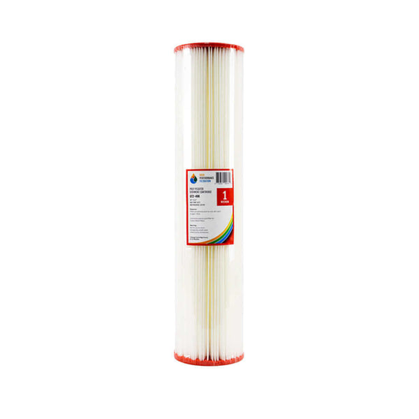 A tall HPF 1 Micron Pleated Sediment Whole House Water Filter Replacement Cartridge in white, with red end caps and a High Performance Filtration label attached to the center, measuring 20
