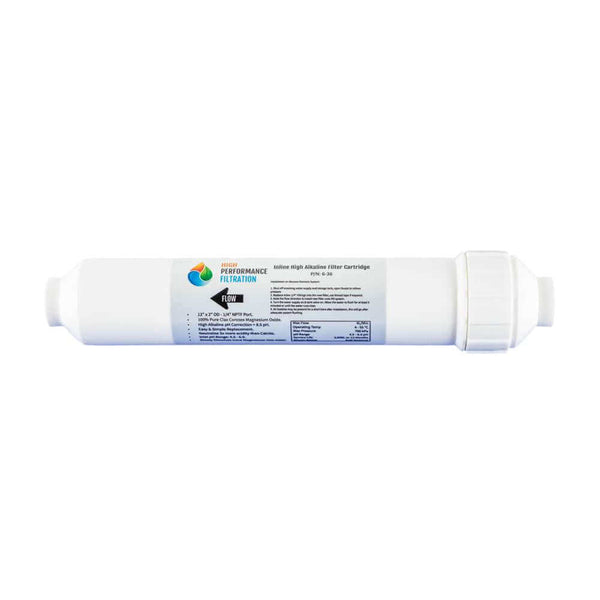 The HPF Inline High Alkaline Water Filter Replacement Cartridge, measuring 12" x 2", by High Performance Filtration is encased in white and designed to effectively enhance pH of water.
