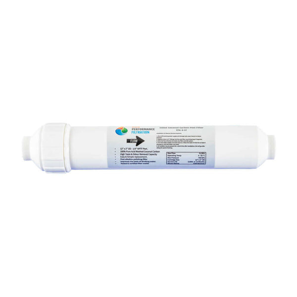 High Performance Filtration cylindrical water filter cartridge with label, featuring the HPF Inline Coconut Carbon Post Filter Water Filter Replacement Cartridge 12" x 2" logo and specifications, isolated on a white background.