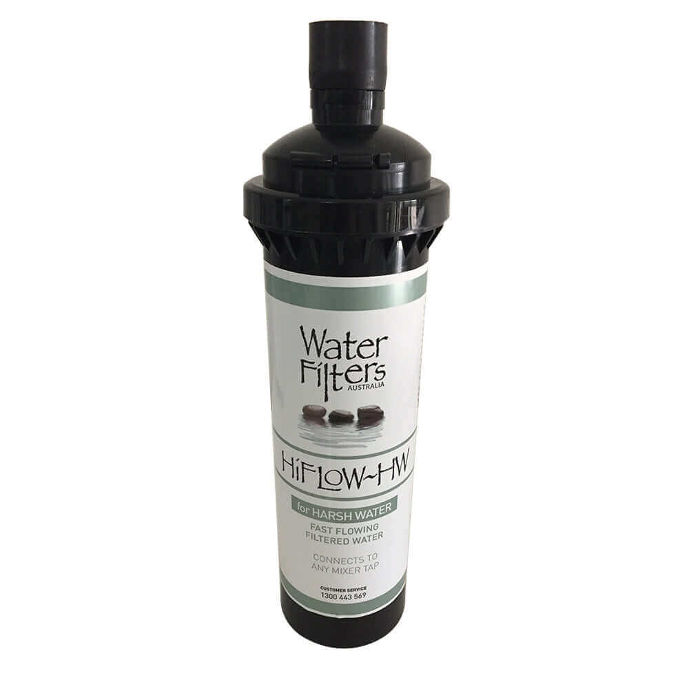 A black filter with a threaded end with white label from the HiFlow 5 Micron Inline Water Filter Replacement Cartridge for Harsh Water.