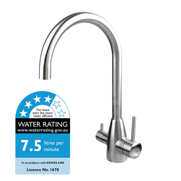The High Loop Stainless Steel 3 Way Mixer Tap is a dual-handle kitchen faucet with a water efficiency label of 7.5 liters per minute.