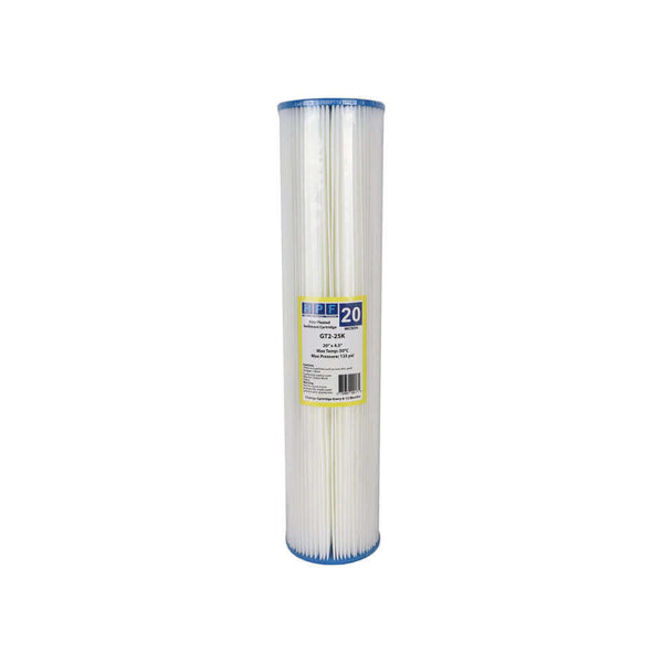 A tall, cylindrical HPF Pleated Sediment Whole House Water Filter Replacement Cartridge, featuring a blue label and white pleated design.