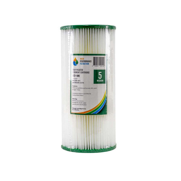 A white pleated filter cartridge with green end caps and a side label is ready to be effortlessly integrated with the My Water Filter MWF 10
