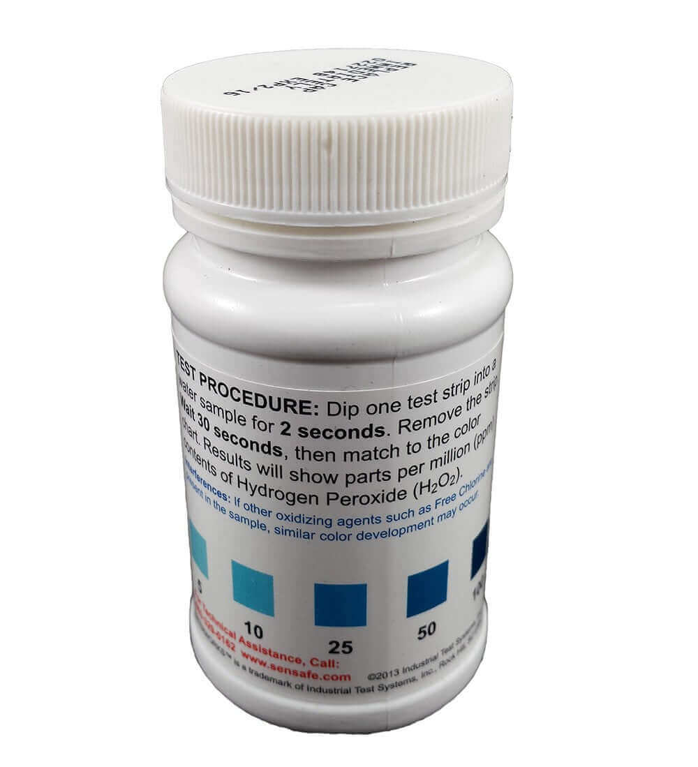 The HydroSil-Ultra Peroxide Test Strips come in a white bottle featuring labeled instructions and a color scale for measuring hydrogen peroxide concentration levels.