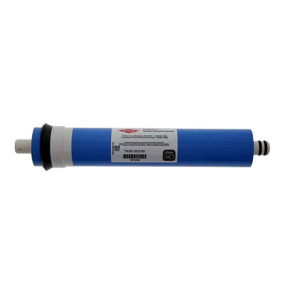A Filmtec RO 50GPD membrane replacement cartridge featuring a blue design and black and white fittings on each end.
