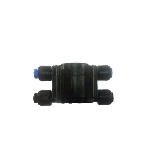 A 4 Way Shut Off Valve, a black industrial connector featuring four tubular extensions with blue tips