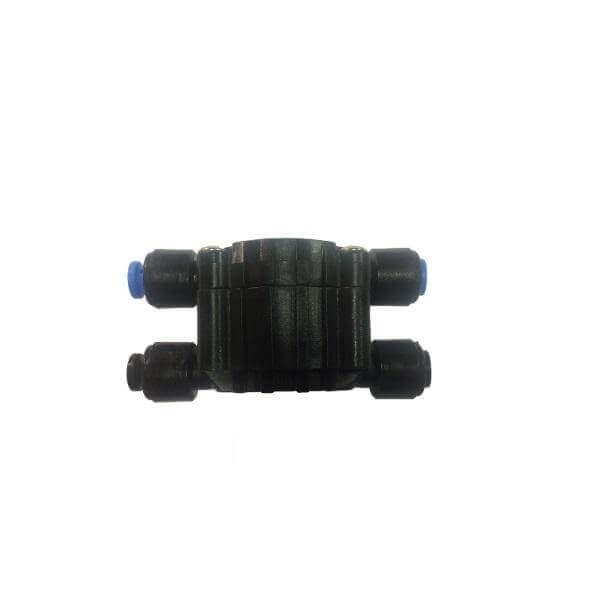 A black, cylindrical plastic connector from 4 Way Shut Off Valve brand, featuring four ports—two with blue tips