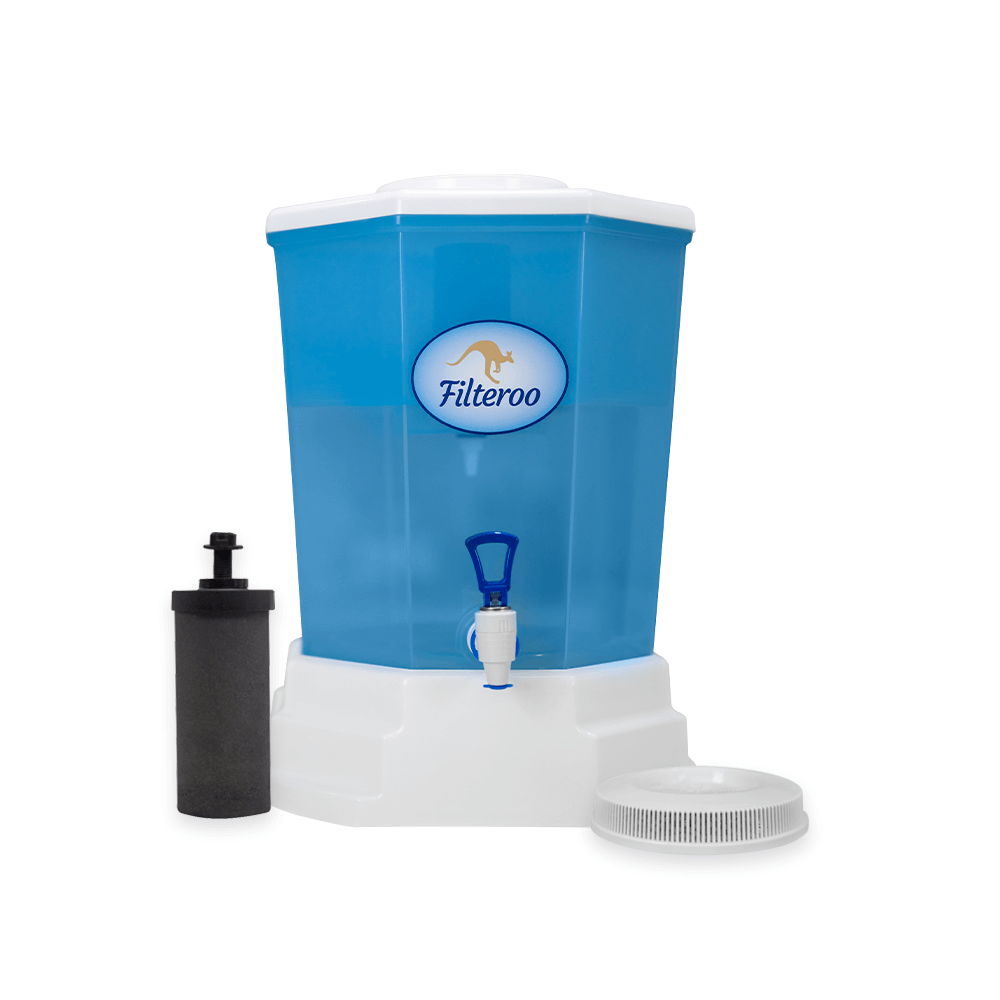 The Filteroo® Blue 20L Benchtop Gravity Water Filter has a white base and includes a black filter cartridge, complemented by a white lid for effective water filtration using gravity technology.