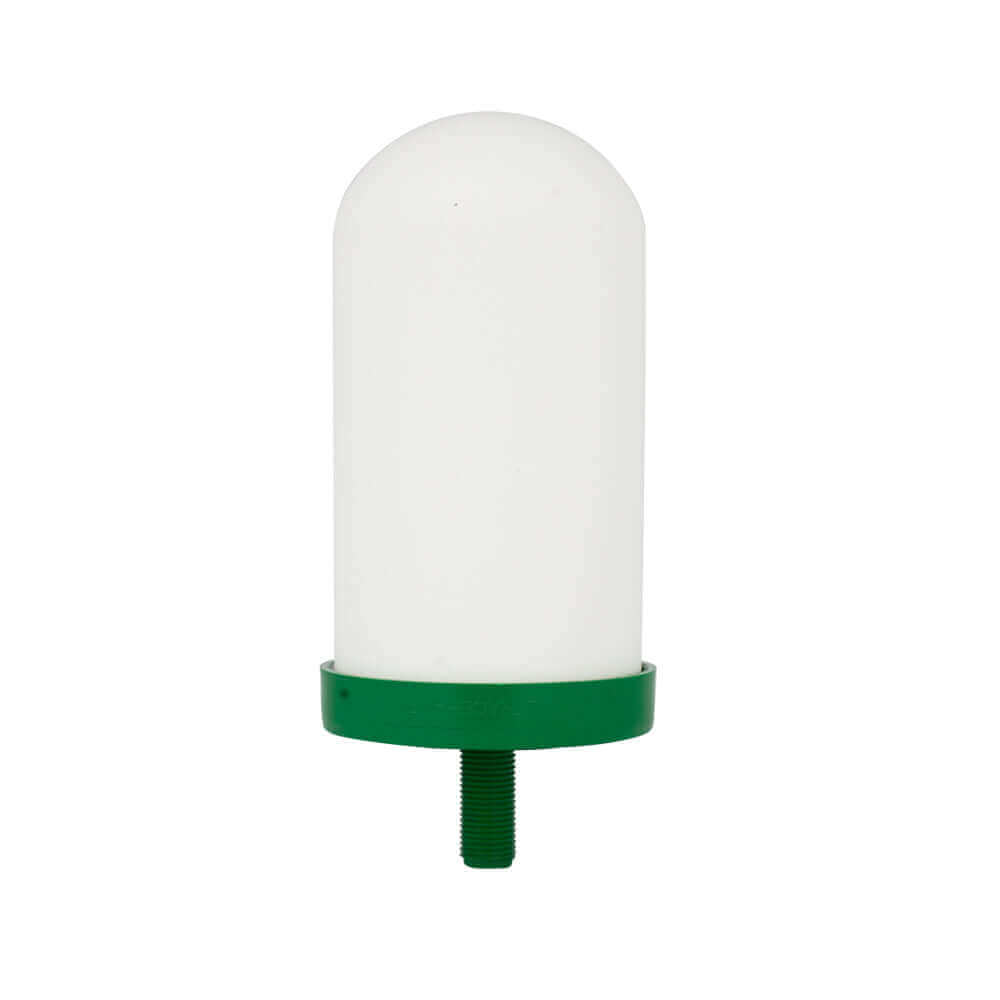 The Ultraceram Drinking Water Filter Replacement Candle with Fluoride Removal is a white cylindrical dome with a green base and threaded rod for mounting.