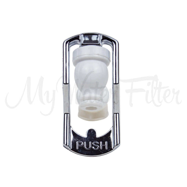 Close-up of a chrome-finished push-button release valve labeled "PUSH" from the Standard Tap for the 6 and 7 Stage Multi Use pH Elevation Benchtop Gravity Water Filter