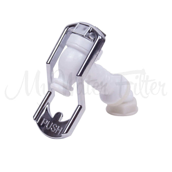 Close-up of the Standard Tap for 6 and 7 Stage Multi Use pH Elevation Benchtop Gravity Water Filter, featuring a white and chrome push-fit plumbing connector