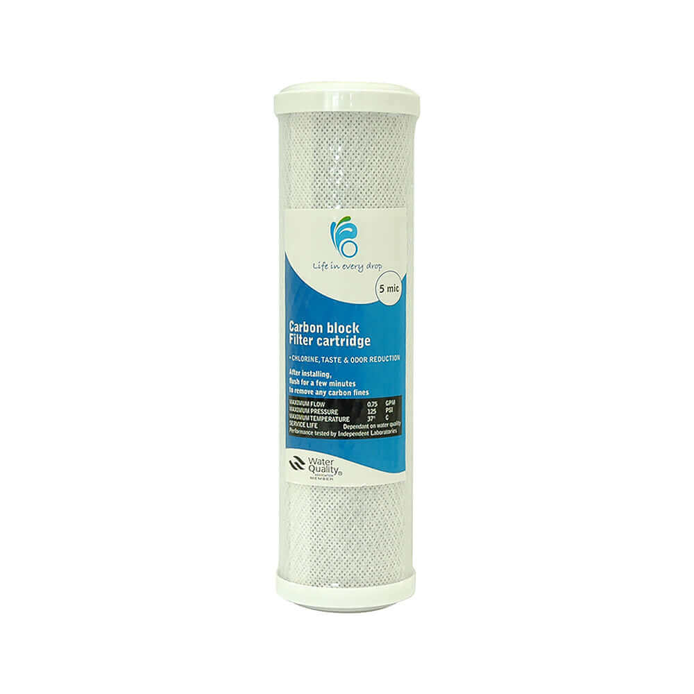A Life in Every Drop water filter cartridge designed in a cylindrical shape, featuring a white casing with a blue label that details its specifications.