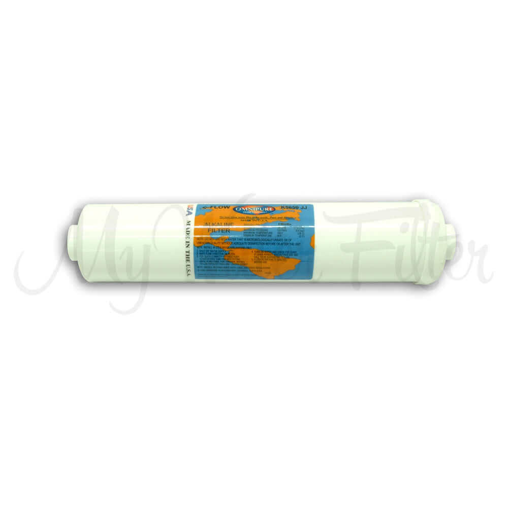 The Omnipure K5650 JJ Alkaliser Cartridge, featuring a blue and orange label is expertly designed by Omnipure for alkalising water.