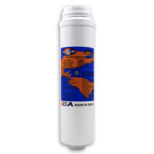 Omnipure inline water filter cartridge with a blue and orange label, featuring text and a map design.