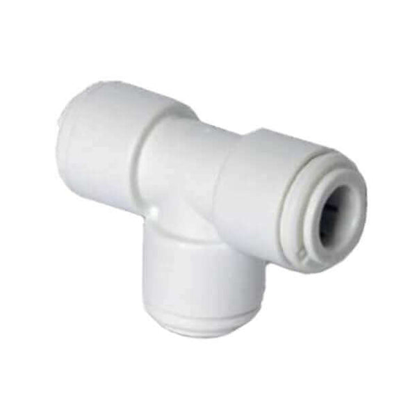 John Guest Equal Tee 1/4" Push In connector featuring smooth surfaces and T-shape design in white plastic.