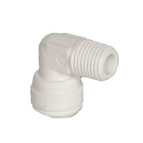 John Guest Rigid Elbow, white plastic fitting, with 1/4" NPT male threaded end and 1/4" push-in tube.