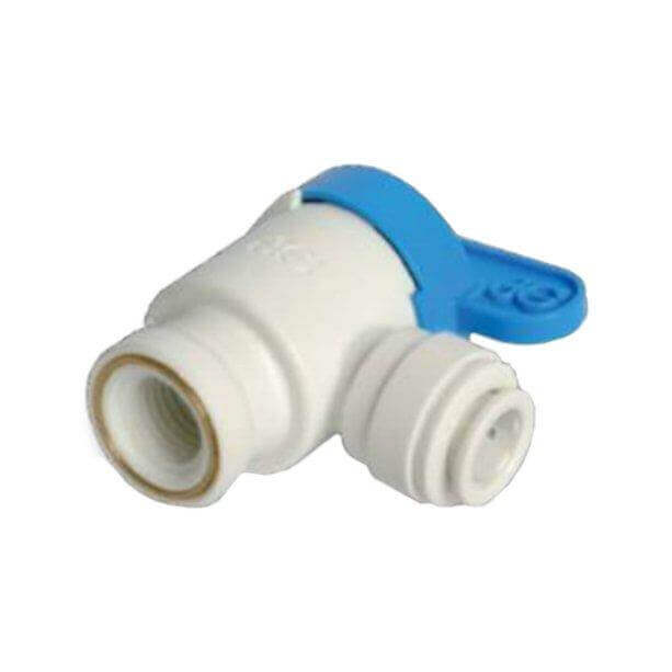 A John Guest Speedfit water valve with a lever handle, featuring a white and blue plastic design, 1/4