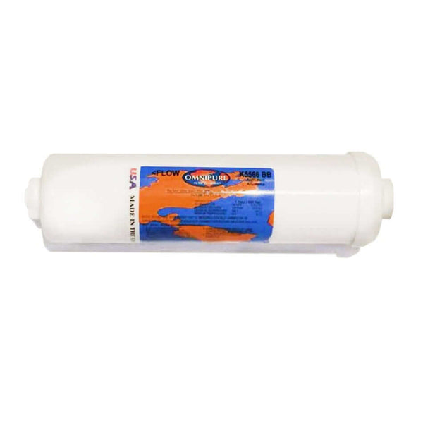 White inline water filter replacement cartridge featuring a blue and orange label with the Omnipure brand for fluoride removal.