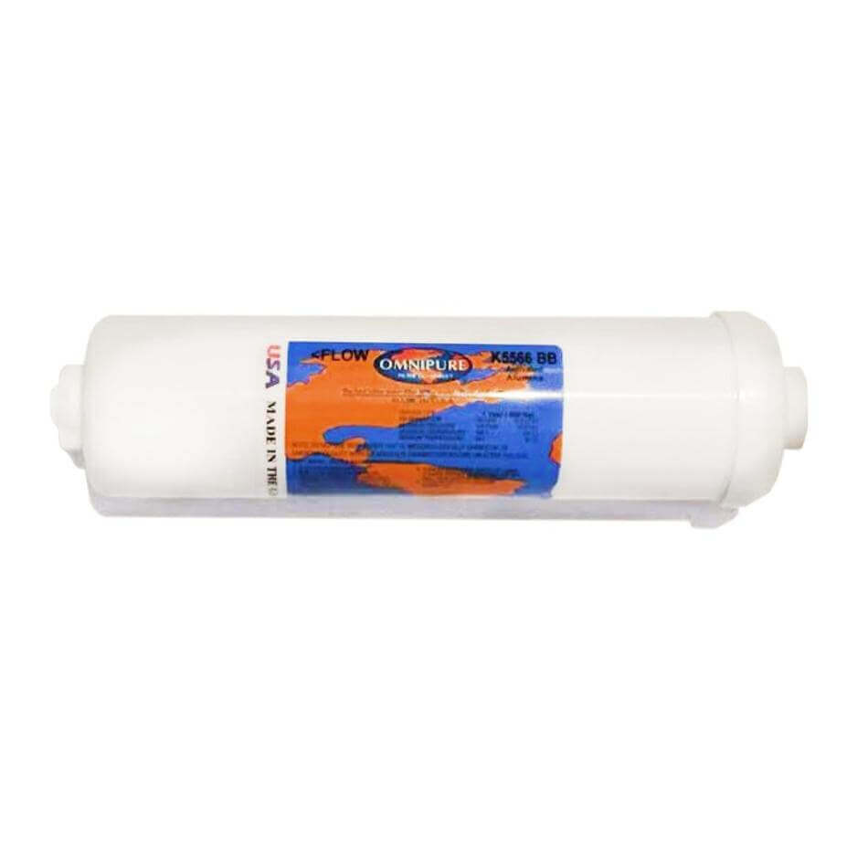 White Omnipure K5566 cartridge with an orange and blue label featuring flow direction and text.