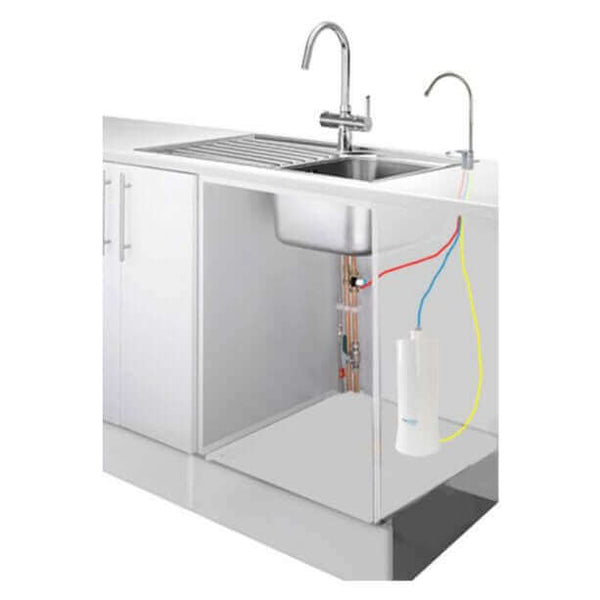 A transparent view of a kitchen sink setup reveals the plumbing and an UltraStream Hydrogen Rich Ioniser Water Filter System with Under Sink Kit beneath the countertop, offering hydrogen-rich water for your needs.