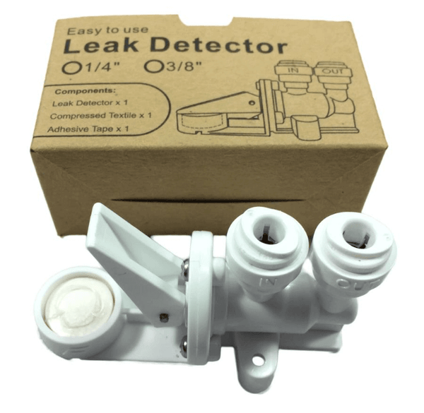 Leak detector device labeled brand Water Filter Leak Detector with Shut Off Valve, shown in front of a box with installation diagram and size options: 1/4", 3/8".