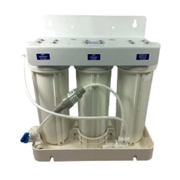 A water filtration system that includes white cylindrical filters, connecting tubes, and a Water Filter Leak Detector with Shut Off Valve plus a Mounting Drip Tray.