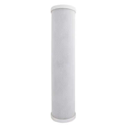 The Life in Every Drop 5 Micron Carbon Block Big Blue Whole House Water Filter Replacement Cartridge features a tall, cylindrical design with a white casing and mesh texture, measuring 20