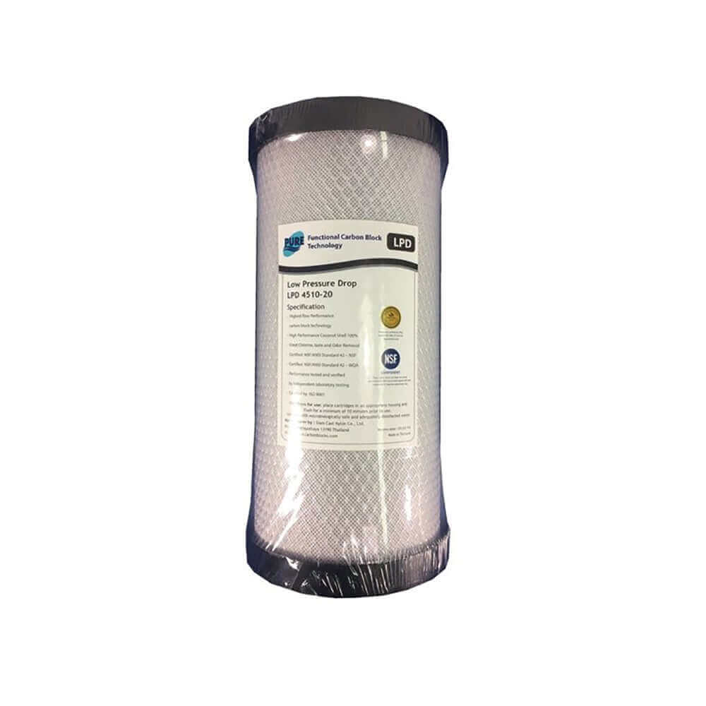 A white cylindrical carbon block filter cartridge, labeled as the High Performance Filtration by Replacement Cartridge Pack for HPF 10" x 4.5" Single Stage Big Blue Whole House Water Filter System, designed with low pressure drop technology.