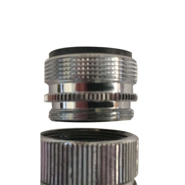 Close-up of two metal connectors from the Benchtop Water Filter Diverter Adaptor, highlighting the 21mm male to 23mm male or 21mm female connection above the benchtop diverter