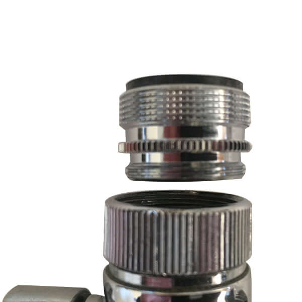 Close-up of two metal connectors from the Benchtop Water Filter Diverter Adaptor, highlighting the 21mm male to 23mm male or 21mm female connection above the benchtop diverter