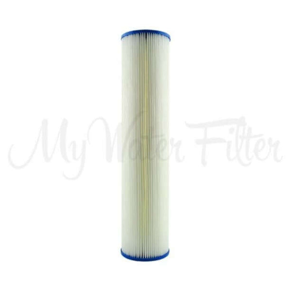 The Unicel 1 Micron Pleated Sediment Whole House Water Filter Replacement Cartridge, measuring 20" x 4.5", features a cylindrical shape with blue edges on a white background.
