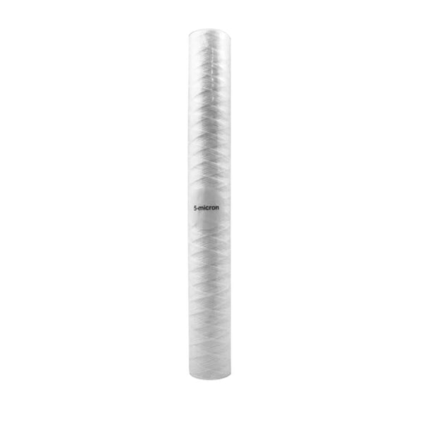 A white cylindrical 5 Micron String Wound Sediment Whole House Water Filter Replacement Cartridge, measuring 20