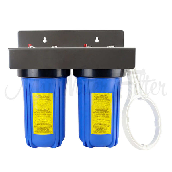 MWF 10" x 4.5" Twin Big Blue Water Filter System by My Water Filter, featuring blue housings, a white wrench, and a robust stainless steel bracket for secure installation, with your choice of cartridge.