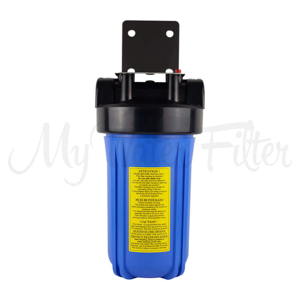 The MWF 10" x 4.5" Single Stage Big Blue Water Filter System from My Water Filter, featuring a sturdy stainless steel bracket and customizable cartridge options, is perfect for removing chlorine and chemicals from your water supply.