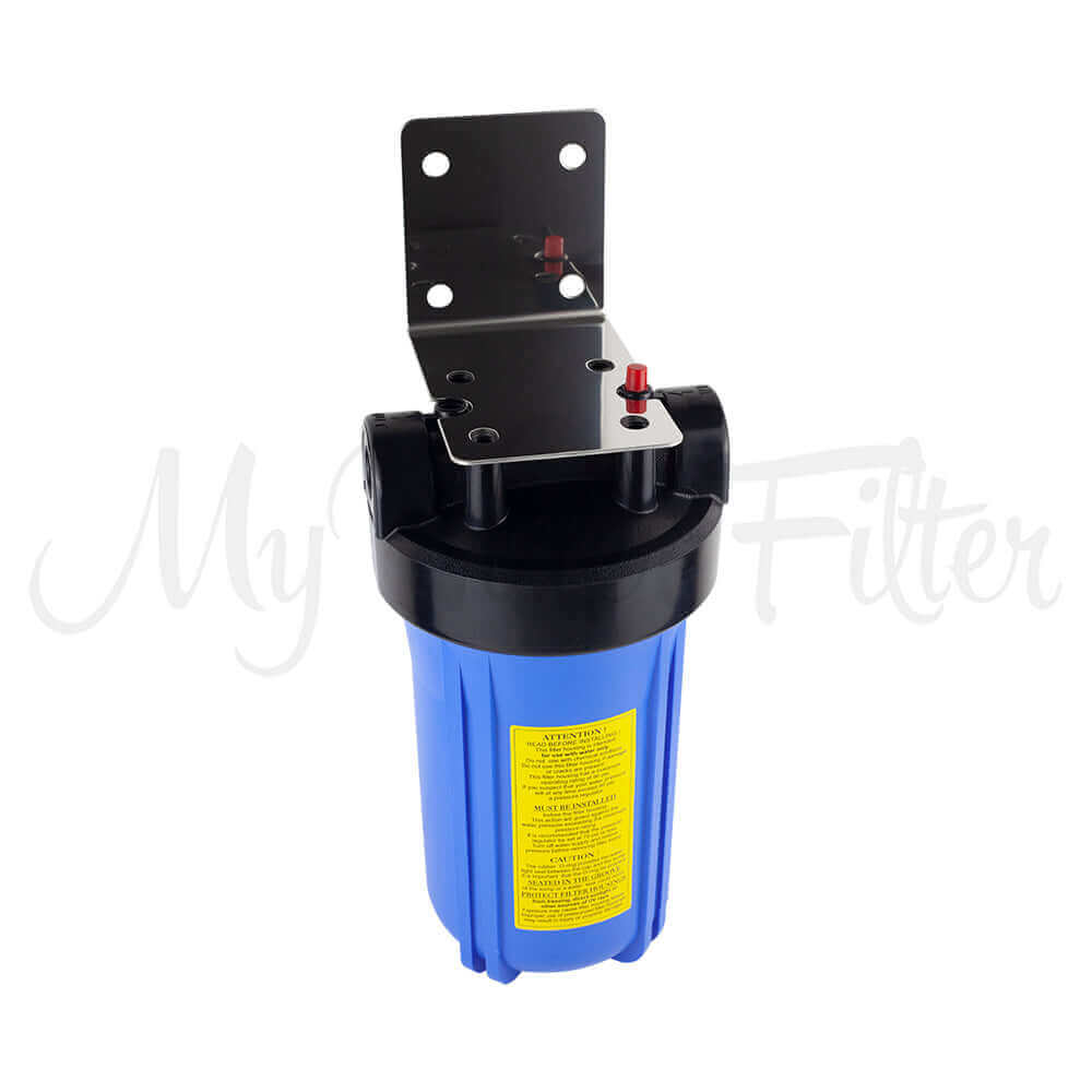 The MWF 10" x 4.5" Single Stage Big Blue Water Filter System from My Water Filter is equipped with a stainless steel bracket for wall mounting and offers a cartridge option designed specifically for the removal of chlorine and chemicals.