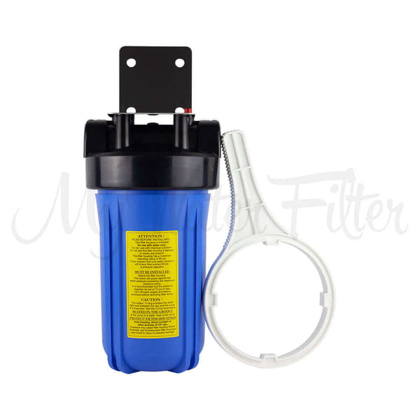 My Water Filter's MWF 10" x 4.5" Single Stage Big Blue Water Filter System, featuring a stainless steel bracket and your choice of cartridge. Effective chlorine and chemicals removal and includes a white white housing removal tool for easy cartridge change.