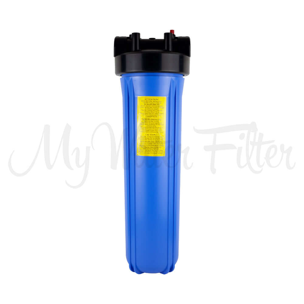 A My Water Filter MWF 20" x 4.5" Single Big Blue Whole House Water Filter System features a blue casing, a black top, and a yellow label on the front, designed to ensure high performance filtration.
