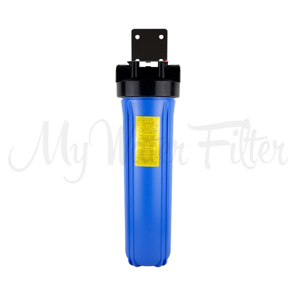 The My Water Filter by MWF is a 20" x 4.5" single-stage carbon block big blue whole house water filter system with a black mounting bracket, made of stainless steel.